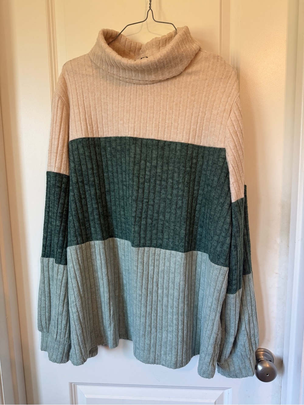 Ribbed Colorblock Turtleneck Sweater in Cream and Green